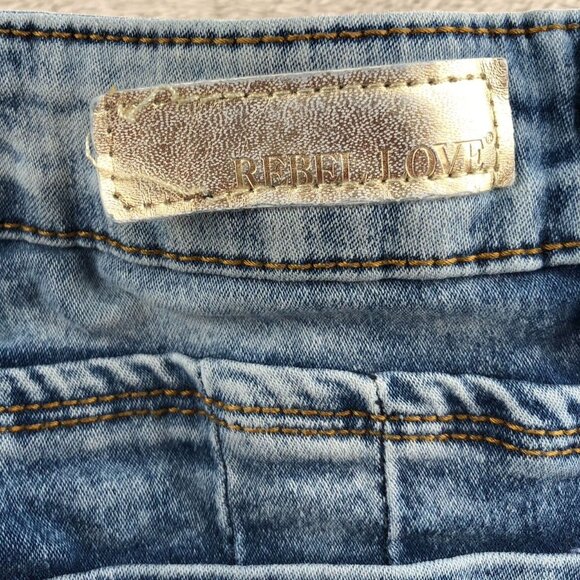 Rebel Love Womens Jeans Size 7/8 Skinny Distressed Blue Denim Applique Y2K Casua - Picture 16 of 16